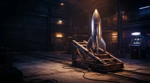 A silver model rocket poised in a shadowy hangar, with a warmly illuminated arcade cabinet in the background