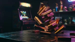 Glossy wooden blocks spinning across a dark tabletop, with a softly lit arcade cabinet and trophy shelf beyond