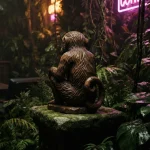 Wooden monkey sculpture amid jungle greenery with a softly glowing arcade machine in a dark lounge behind it