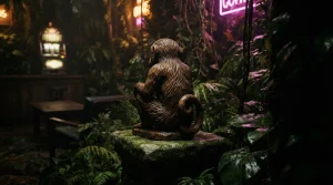 Wooden monkey sculpture amid jungle greenery with a softly glowing arcade machine in a dark lounge behind it