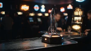Silver rocket poised for launch in a neon-lit arcade, with a slot machine and warm amber gaming lights beyond