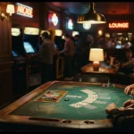 A richly lit casino card salon with green felt, playing cards and chips, and softly glowing arcade machines beyond
