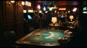 A richly lit casino card salon with green felt, playing cards and chips, and softly glowing arcade machines beyond