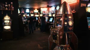 A rocket-shaped arcade attraction under warm neon lights, with a slot cabinet in a dark gaming lounge behind it
