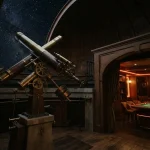 A brass telescope beneath a star-filled observatory dome, with a softly lit gaming lounge in the background