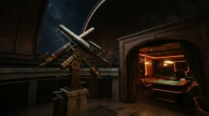 A brass telescope beneath a star-filled observatory dome, with a softly lit gaming lounge in the background