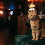 Ginger cat perched beside a dark velvet lounge chair with a softly illuminated slot machine behind it