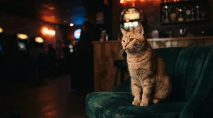 Ginger cat perched beside a dark velvet lounge chair with a softly illuminated slot machine behind it