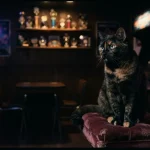 A curious cat beside a glowing arcade machine in a dark lounge, with warm cinematic light and a gaming table behind