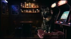 A curious cat beside a glowing arcade machine in a dark lounge, with warm cinematic light and a gaming table behind