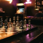 A dramatic chequered chessboard with polished pieces in a dark neon-lit lounge and a softly blurred arcade cabinet