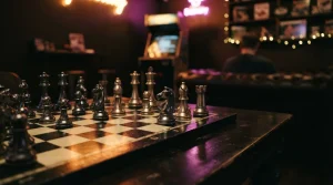 A dramatic chequered chessboard with polished pieces in a dark neon-lit lounge and a softly blurred arcade cabinet