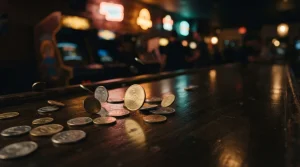 Gold and silver coins spilling onto a dark wooden counter beside a softly glowing arcade cabinet in a neon-lit gaming lounge