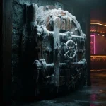 An ice-encrusted vault in a dark gaming lounge with a softly glowing slot machine and warm neon reflections