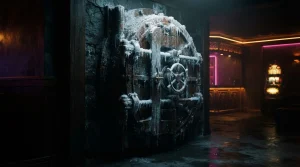 An ice-encrusted vault in a dark gaming lounge with a softly glowing slot machine and warm neon reflections