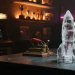 An ice-carved rocket on a dark counter, with warm neon reflections and a softly lit arcade cabinet behind it