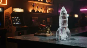 An ice-carved rocket on a dark counter, with warm neon reflections and a softly lit arcade cabinet behind it