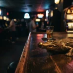 Brass crocodile sculpture on a dark arcade lounge counter, with a glowing slot machine behind it
