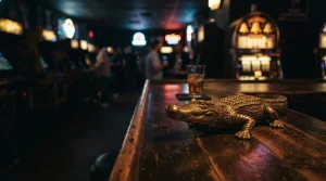 Brass crocodile sculpture on a dark arcade lounge counter, with a glowing slot machine behind it