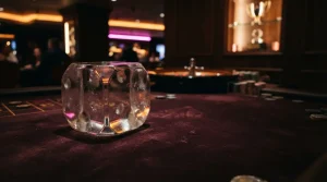 A glass gaming die on a dark felt table under warm neon light, with a roulette wheel and prize shelf behind