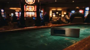 An unbranded hardware crypto wallet resting on a dark casino table with a softly glowing slot cabinet beyond