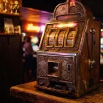 A close-up of gleaming physical slot machine reels in a dark neon-lit arcade with a trophy shelf behind them