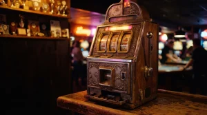 A close-up of gleaming physical slot machine reels in a dark neon-lit arcade with a trophy shelf behind them