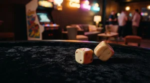 A pair of polished dice on a dark velvet gaming table, with a softly glowing arcade cabinet in the background.