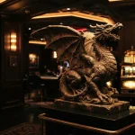 A carved dragon statue gleams under warm neon lighting beside a softly lit slot machine in a dark gaming lounge