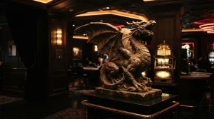 A carved dragon statue gleams under warm neon lighting beside a softly lit slot machine in a dark gaming lounge