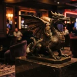 A sculpted dragon above a dark casino lounge, with a softly illuminated slot machine behind it and warm neon reflections