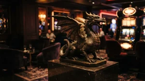 A sculpted dragon above a dark casino lounge, with a softly illuminated slot machine behind it and warm neon reflections