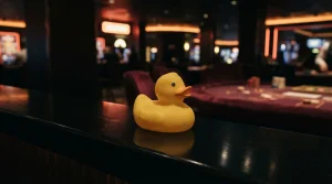 A yellow rubber duck on a glossy dark counter with a warmly lit casino game table in the background