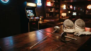 Two crossed fencing foils beside protective masks on a dark table, with a warmly lit arcade cabinet in the background