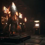 A retro rocket poised for launch in a dark neon-lit arcade, with a glowing game cabinet in the background
