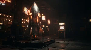 A retro rocket poised for launch in a dark neon-lit arcade, with a glowing game cabinet in the background
