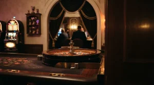 An elegant European-style roulette wheel beside a dark velvet gaming lounge illuminated with playful amber neon