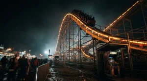 An illuminated fairground rollercoaster rises above a dark night scene, with a small vintage arcade cabinet nearby.
