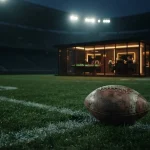 A leather football beside a floodlit stadium, with a softly glowing casino lounge visible beyond the pitch