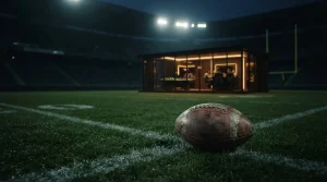 A leather football beside a floodlit stadium, with a softly glowing casino lounge visible beyond the pitch