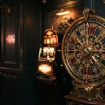 A brightly illuminated spinning wheel inside a dark gaming lounge, with a slot machine beyond it