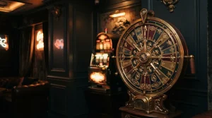 A brightly illuminated spinning wheel inside a dark gaming lounge, with a slot machine beyond it