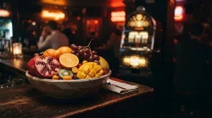 A bowl of ripe tropical fruit on a dark polished table, with warm neon light and a softly glowing slot machine behind it
