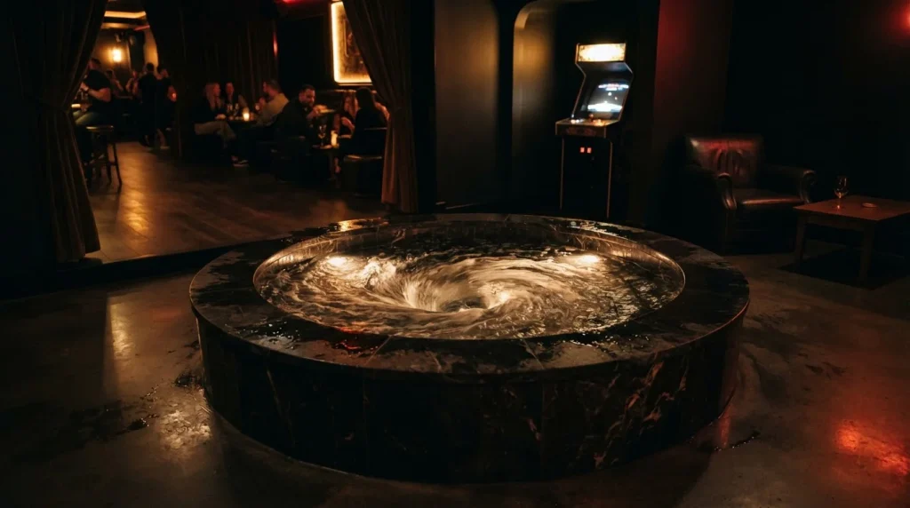 A dramatic whirlpool turning inside a polished indoor fountain, with a warmly glowing arcade cabinet in the background