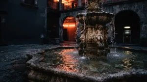 Illuminated stone fountain in a dark courtyard with warm neon reflections and a softly lit arcade cabinet behind it