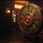 An ornate golden fortune wheel in a dark, neon-lit entertainment lounge with a slot machine glowing behind it