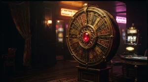 An ornate golden fortune wheel in a dark, neon-lit entertainment lounge with a slot machine glowing behind it