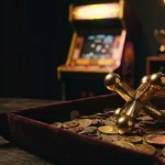 A polished golden jack game piece among coins on dark velvet, with a softly glowing arcade cabinet behind it