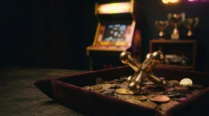 A polished golden jack game piece among coins on dark velvet, with a softly glowing arcade cabinet behind it