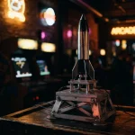 A polished model rocket on an arcade launch platform, with a softly glowing slot cabinet behind it in a dark neon lounge